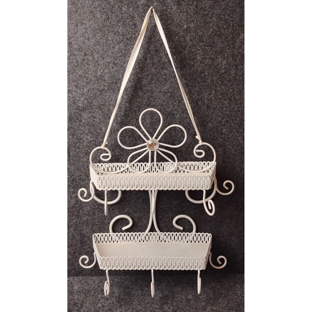Vintage White Metal 2 Tiered Jewelry Cosmetics Shelf w Scroll Floral Design